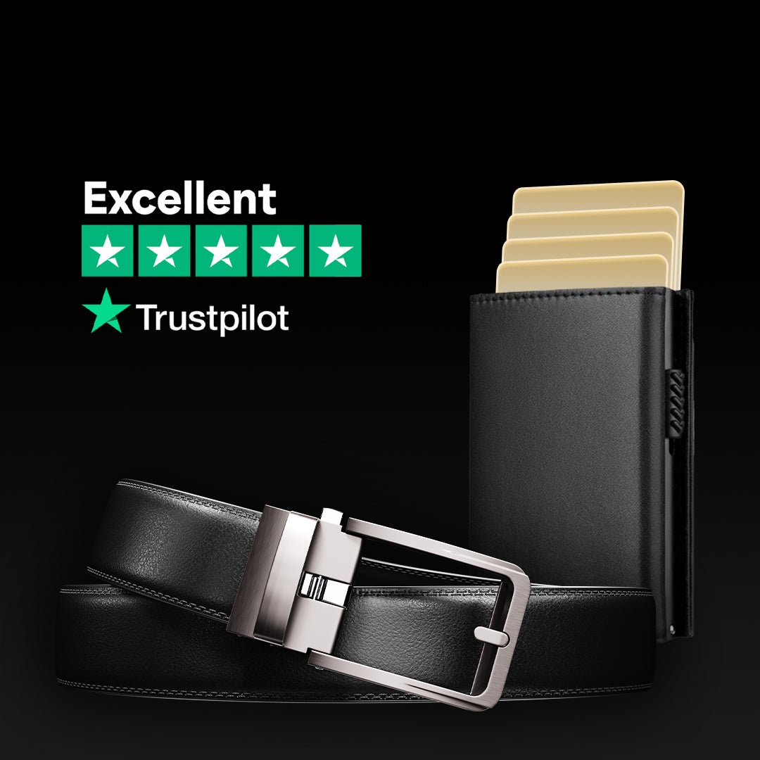 Black leather belt with silver buckle and black cardholder on a dark background, featuring Trustpilot rating.